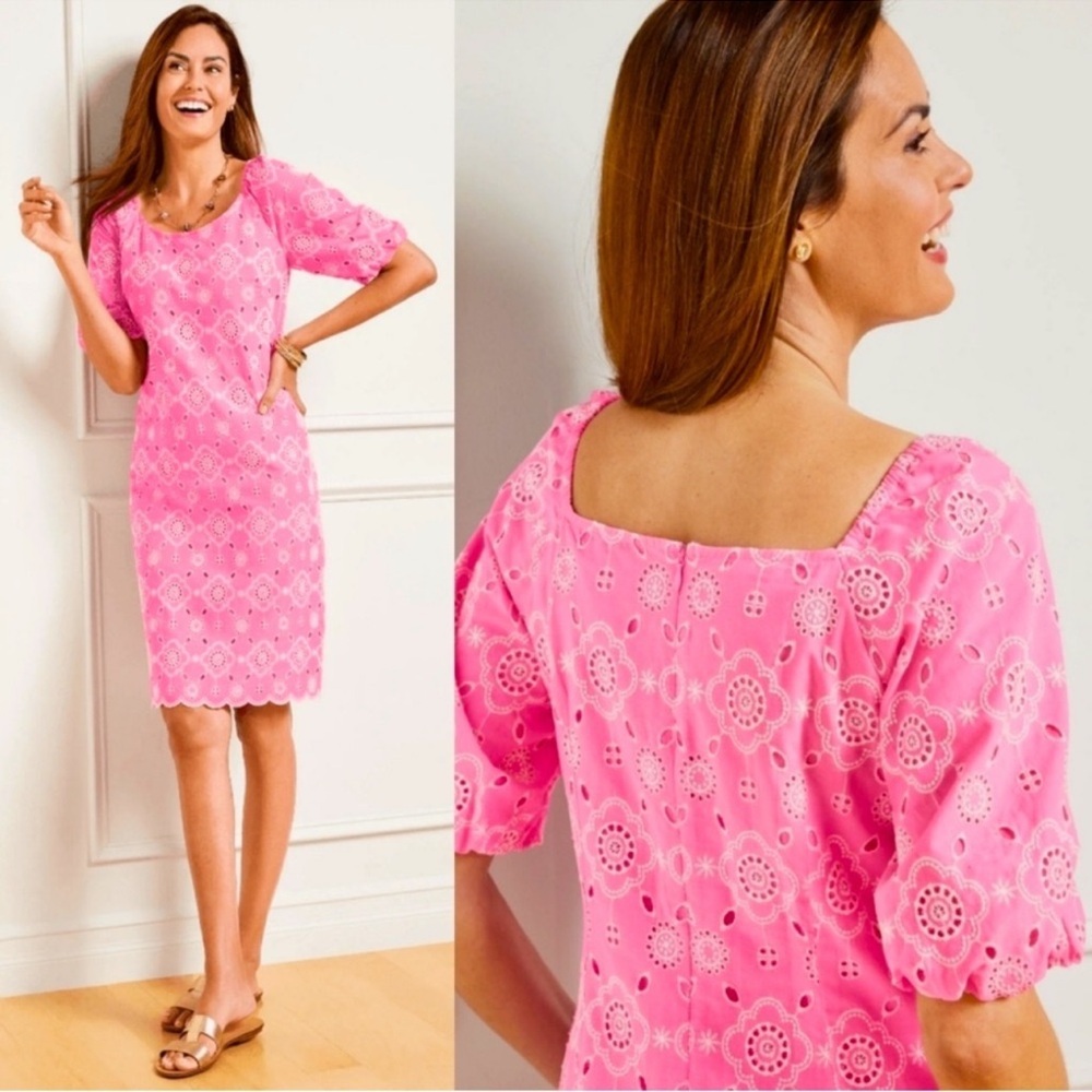 EUC Talbots Puff Sleeve Pink Embroidered Shift Dress Size 10, 100% Cotton